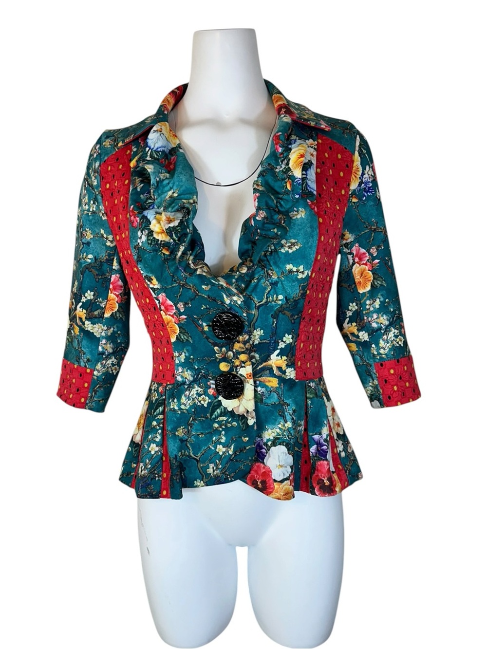 An Ren Floral Peplum Blazer XS Teal Botanical Print Red Polka Dot Trim